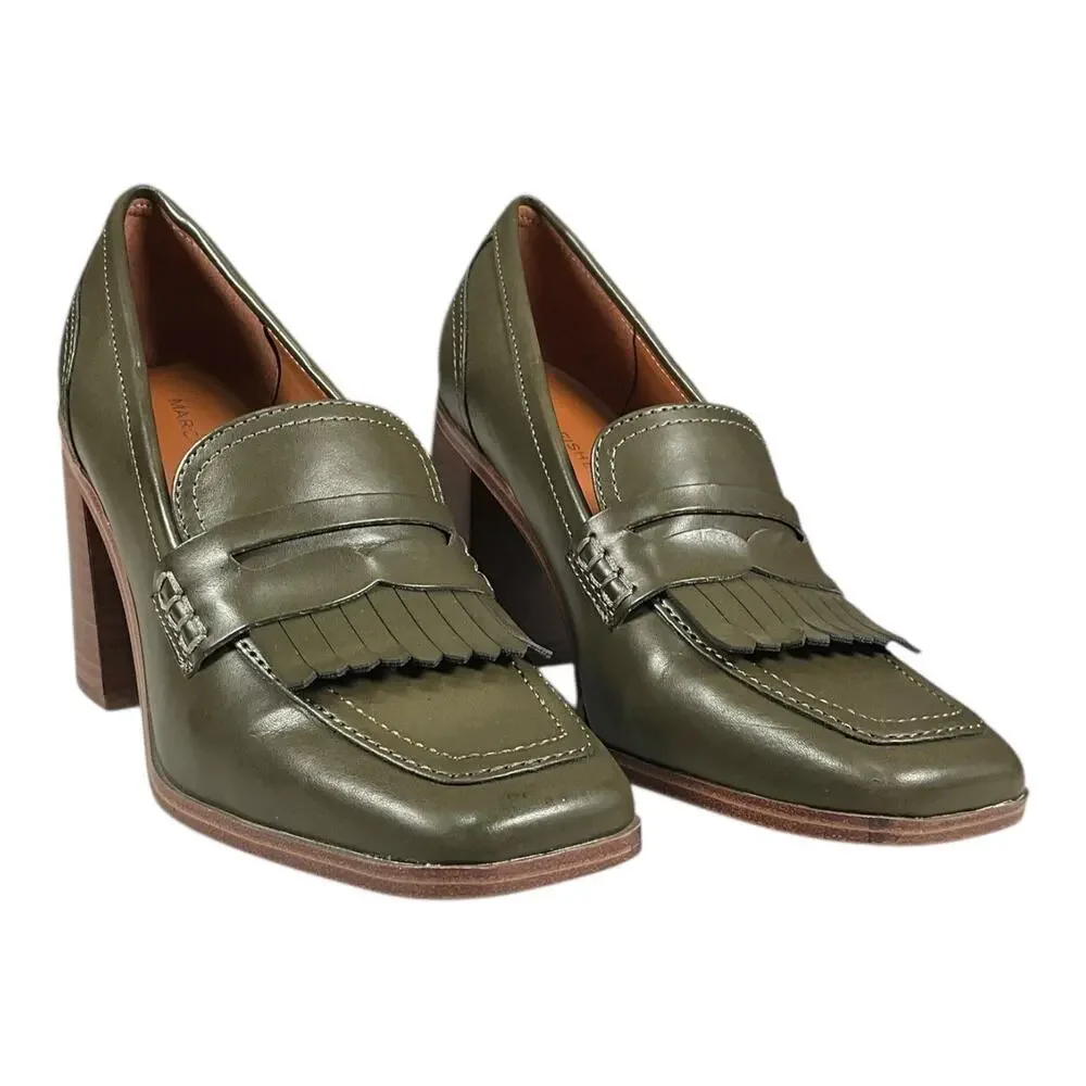 Marc Fisher Olive Green Chunky Heel Loafer Pumps Size 7.5 Fringe Preppy Block